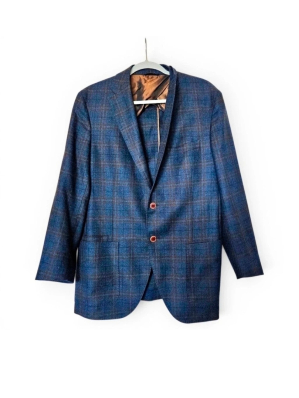 Luciano Barbera Sport Coat, Blue and Brown Plaid, 52R wool cashmere silk